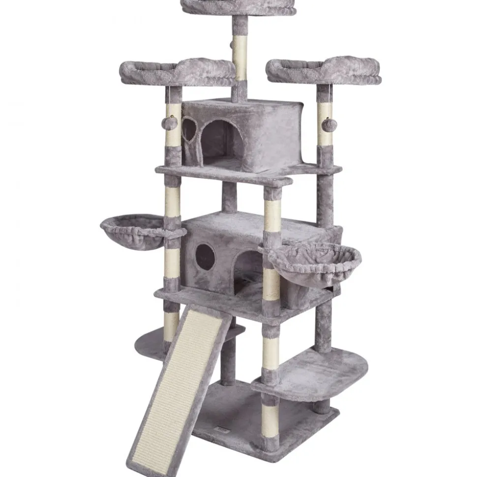 VEVOR Cat Tree for Indoor Cats, 68.5" Cat Tower with 2 Cat Condos, Sisal Scratching Post, Hammocks, Top Perches, Jumping Platforms and Ramp, Cat Furniture Activity Center with Hang Balls, Light Grey