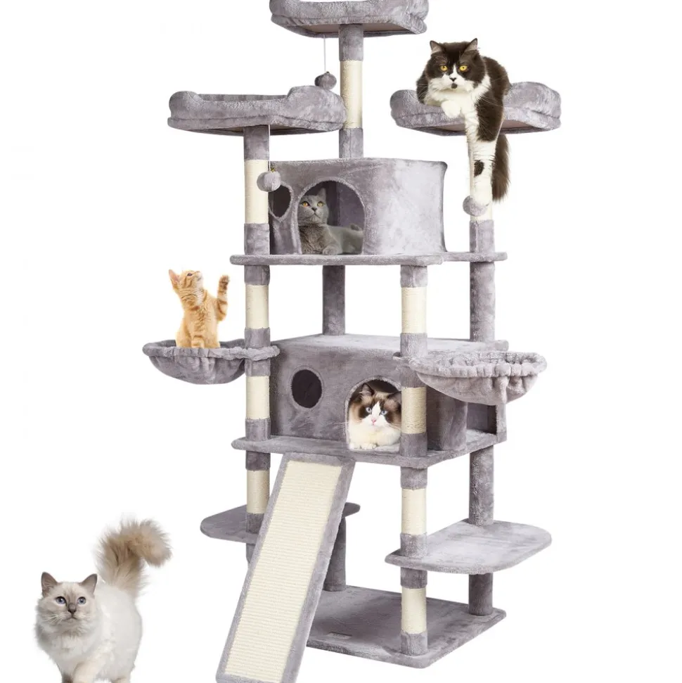 VEVOR Cat Tree for Indoor Cats, 68.5" Cat Tower with 2 Cat Condos, Sisal Scratching Post, Hammocks, Top Perches, Jumping Platforms and Ramp, Cat Furniture Activity Center with Hang Balls, Light Grey