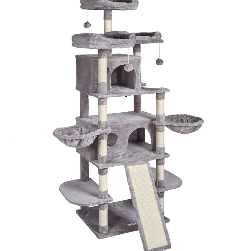 VEVOR Cat Tree for Indoor Cats, 68.5" Cat Tower with 2 Cat Condos, Sisal Scratching Post, Hammocks, Top Perches, Jumping Platforms and Ramp, Cat Furniture Activity Center with Hang Balls, Light Grey
