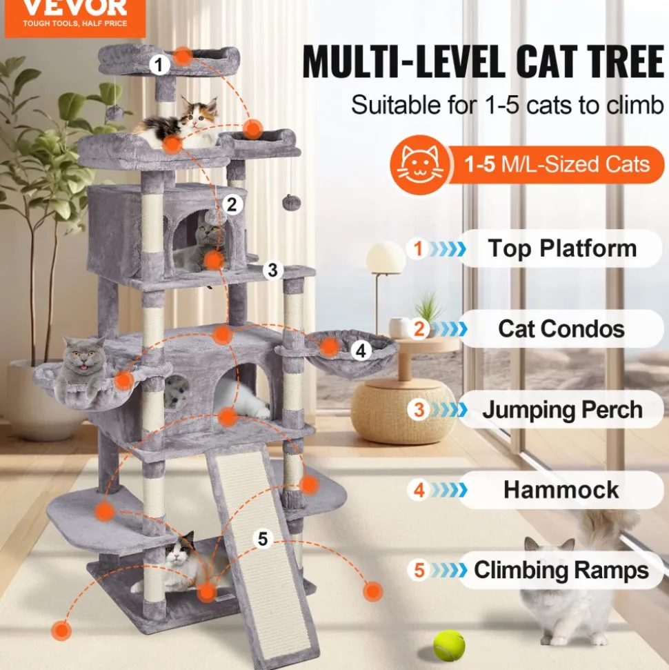 VEVOR Cat Tree for Indoor Cats, 68.5" Cat Tower with 2 Cat Condos, Sisal Scratching Post, Hammocks, Top Perches, Jumping Platforms and Ramp, Cat Furniture Activity Center with Hang Balls, Light Grey