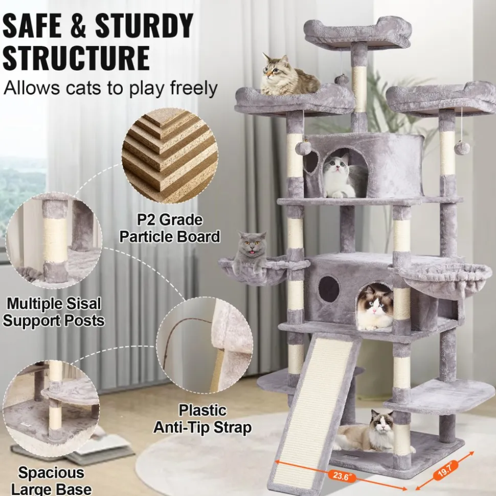 VEVOR Cat Tree for Indoor Cats, 68.5" Cat Tower with 2 Cat Condos, Sisal Scratching Post, Hammocks, Top Perches, Jumping Platforms and Ramp, Cat Furniture Activity Center with Hang Balls, Light Grey