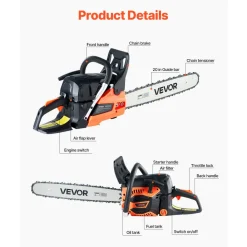 VEVOR 62 cc Gas Chainsaw, 20 inch Gas Powered Chainsaw, 3.8 HP Power Chain Saw with Non-Slip Handle, Gas-Powered Chainsaws with Dual Fuel Tanks, For Wood Cutting, Tree Trimming, and Land Clearing