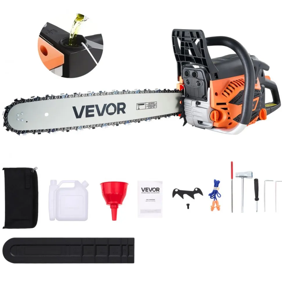 VEVOR 62 cc Gas Chainsaw, 20 inch Gas Powered Chainsaw, 3.8 HP Power Chain Saw with Non-Slip Handle, Gas-Powered Chainsaws with Dual Fuel Tanks, For Wood Cutting, Tree Trimming, and Land Clearing