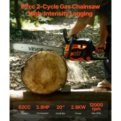 VEVOR 62 cc Gas Chainsaw, 20 inch Gas Powered Chainsaw, 3.8 HP Power Chain Saw with Non-Slip Handle, Gas-Powered Chainsaws with Dual Fuel Tanks, For Wood Cutting, Tree Trimming, and Land Clearing