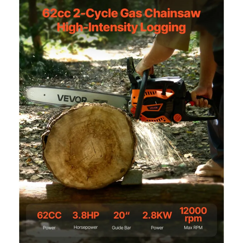 VEVOR 62 cc Gas Chainsaw, 20 inch Gas Powered Chainsaw, 3.8 HP Power Chain Saw with Non-Slip Handle, Gas-Powered Chainsaws with Dual Fuel Tanks, For Wood Cutting, Tree Trimming, and Land Clearing