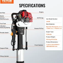 VEVOR 52cc Gas-Powered T Post Driver, 2-Stroke Engine Gasoline Fence Piling Pounder, 1300W Portable Piledriver with 3 Post Driving Head(49/69/100 mm) , For Farm, Ranch Fencing, Road Improvements