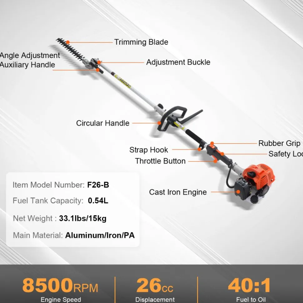VEVOR 26CC 5-in-1 Multi-Functional Trimming Tools, Gas Hedge Trimmer, Weed Eater, String Trimmer, Edger, Pole Saw Chainsaw Pruner with Extension Pole
