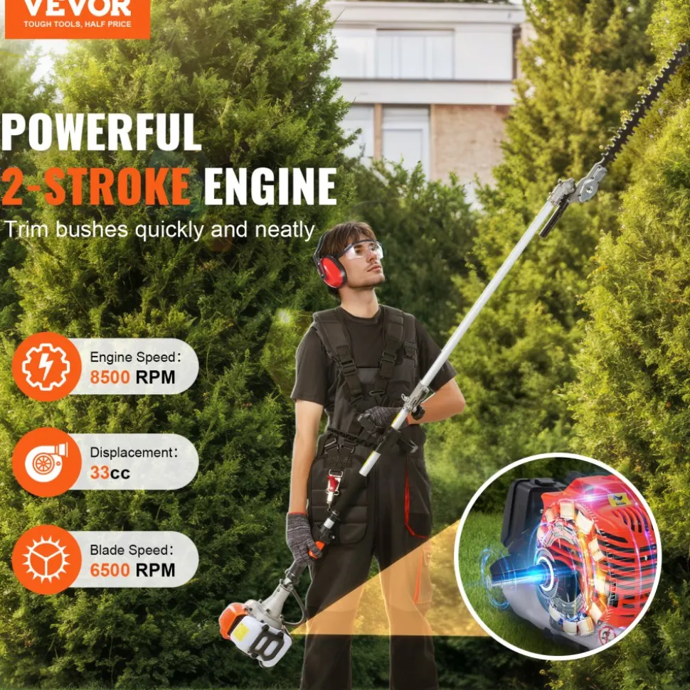 VEVOR 33CC 6-in-1 Multi-Functional Trimming Tools, Gas Hedge Trimmer, Weed Eater, String Trimmer, Brush Cutter, Edger, Pole Saw Chainsaw Pruner with Extension Pole