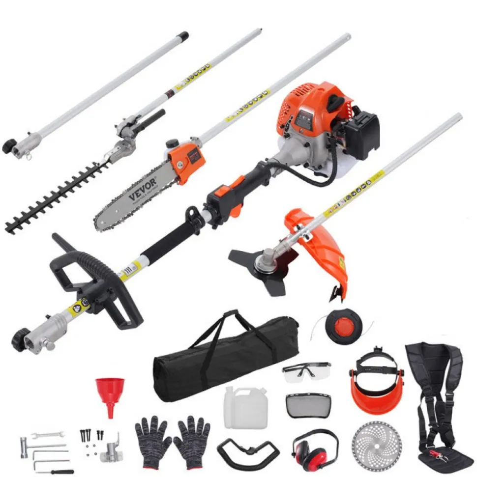VEVOR 33CC 6-in-1 Multi-Functional Trimming Tools, Gas Hedge Trimmer, Weed Eater, String Trimmer, Brush Cutter, Edger, Pole Saw Chainsaw Pruner with Extension Pole