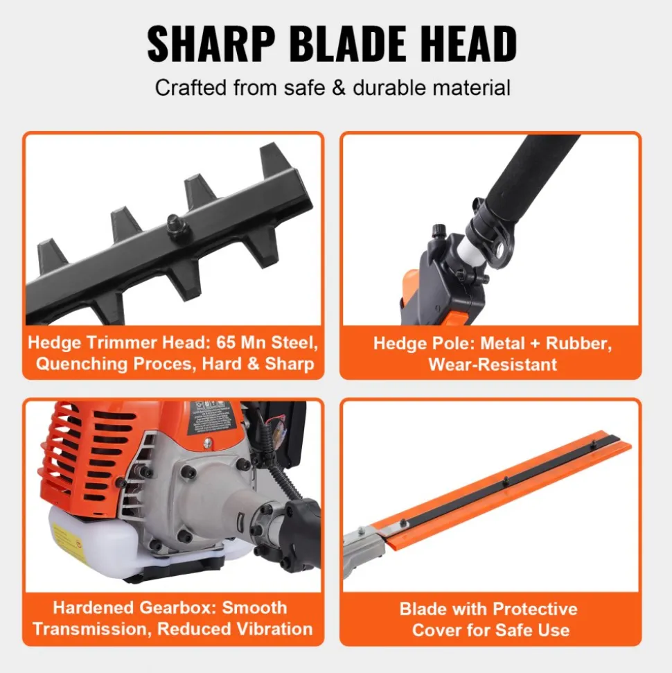 VEVOR 33CC 6-in-1 Multi-Functional Trimming Tools, Gas Hedge Trimmer, Weed Eater, String Trimmer, Brush Cutter, Edger, Pole Saw Chainsaw Pruner with Extension Pole