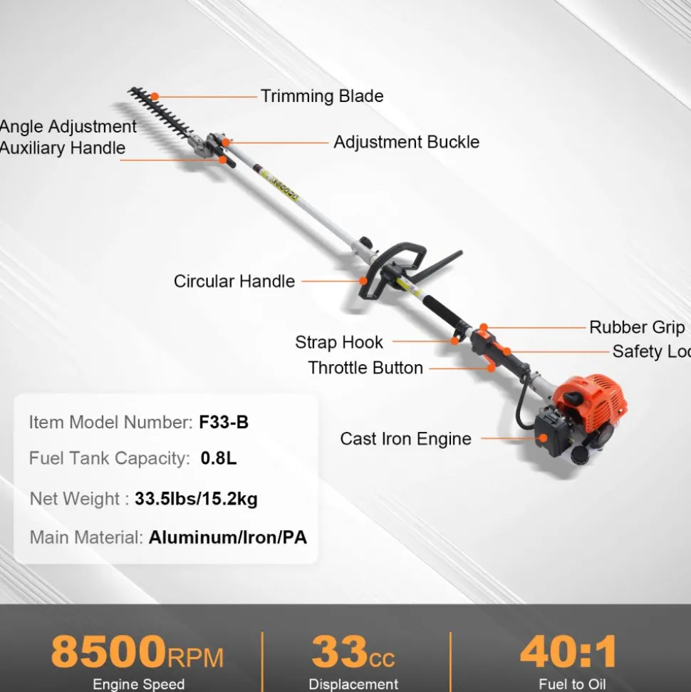 VEVOR 33CC 6-in-1 Multi-Functional Trimming Tools, Gas Hedge Trimmer, Weed Eater, String Trimmer, Brush Cutter, Edger, Pole Saw Chainsaw Pruner with Extension Pole