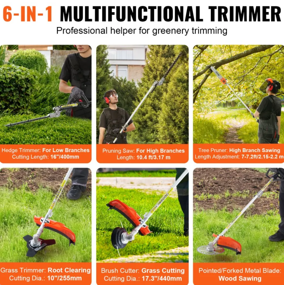 VEVOR 33CC 6-in-1 Multi-Functional Trimming Tools, Gas Hedge Trimmer, Weed Eater, String Trimmer, Brush Cutter, Edger, Pole Saw Chainsaw Pruner with Extension Pole