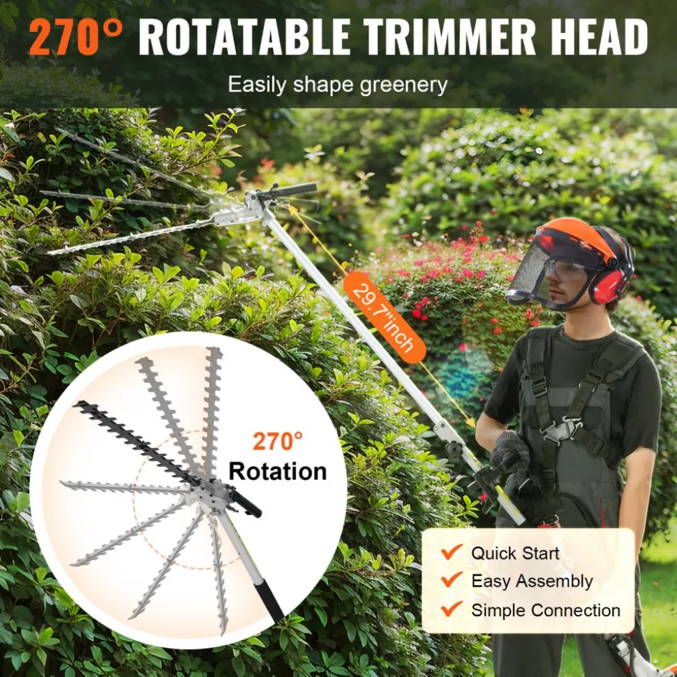 VEVOR 33CC 6-in-1 Multi-Functional Trimming Tools, Gas Hedge Trimmer, Weed Eater, String Trimmer, Brush Cutter, Edger, Pole Saw Chainsaw Pruner with Extension Pole