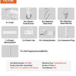 VEVOR Ceiling Curtain Track Set, 9.9 FT/3 Meter, Self Adhesive, No Drill Ceiling Track System for Curtains, Room Divider Curtain Track Ceiling Mounted for Living Room with Hooks and Hardware, White