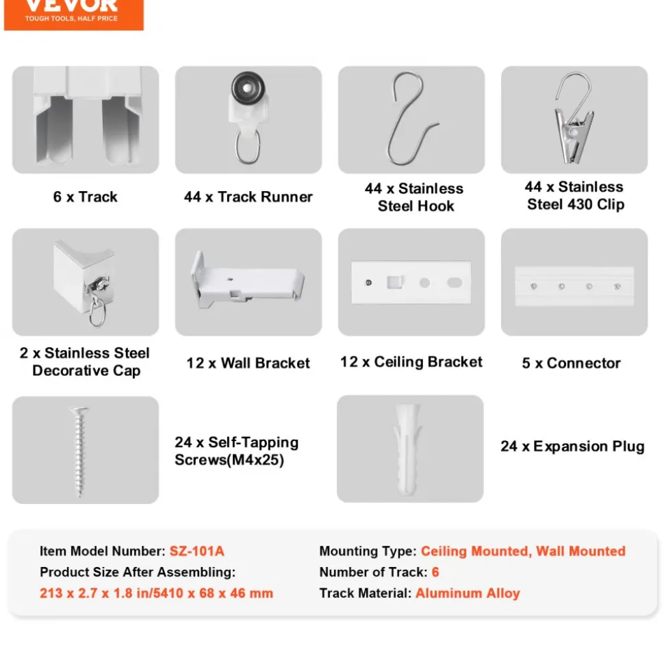 VEVOR Ceiling Curtain Track Set, 17.7 FT/5.4 Meter, Sliding Ceiling Track System for Curtains, Room Divider Curtain Track Ceiling/Wall Mounted for Living Room Bedroom with Hooks and Hardware, White