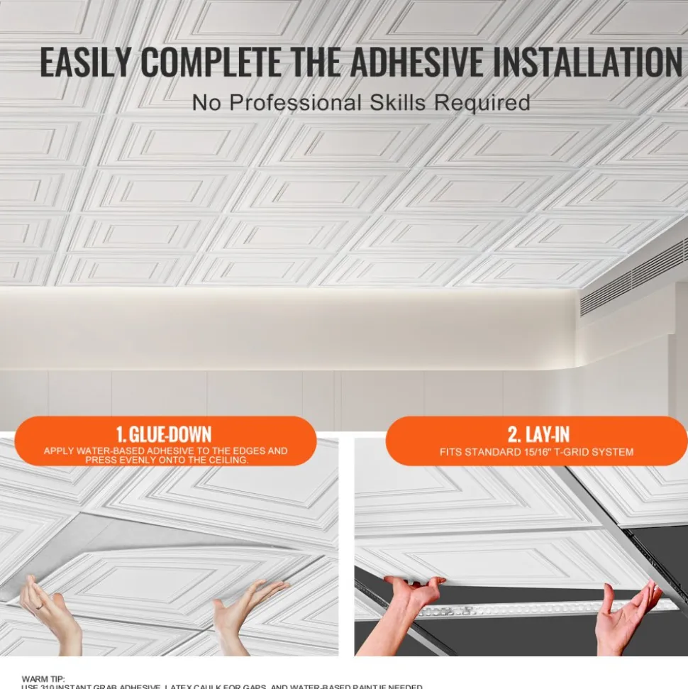 VEVOR Ceiling Tiles, 12-Pack 24 x 24 in, Drop Ceiling Tiles Premium PVC Sheet, Easy Installation/ Cutting Plastic Glue-up Ceiling Tile, Ceiling Covering for Home/Office Decoration, White Peg Pattern