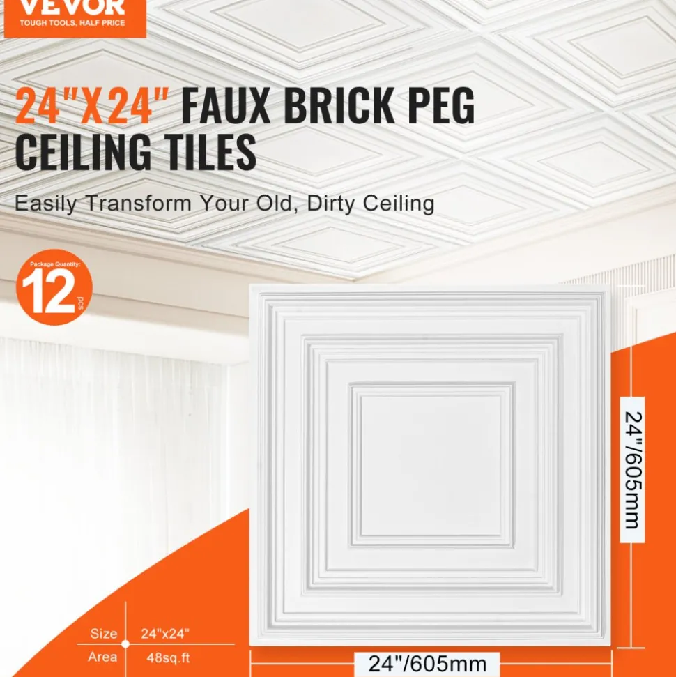 VEVOR Ceiling Tiles, 12-Pack 24 x 24 in, Drop Ceiling Tiles Premium PVC Sheet, Easy Installation/ Cutting Plastic Glue-up Ceiling Tile, Ceiling Covering for Home/Office Decoration, White Peg Pattern