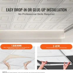 VEVOR Ceiling Tiles, 12-Pack 24 x 24 in, Drop Ceiling Tiles Premium PVC Sheet, Easy Installation/ Cutting Plastic Glue-up Ceiling Tile, Ceiling Covering for Home/Office Decoration, White Geometric