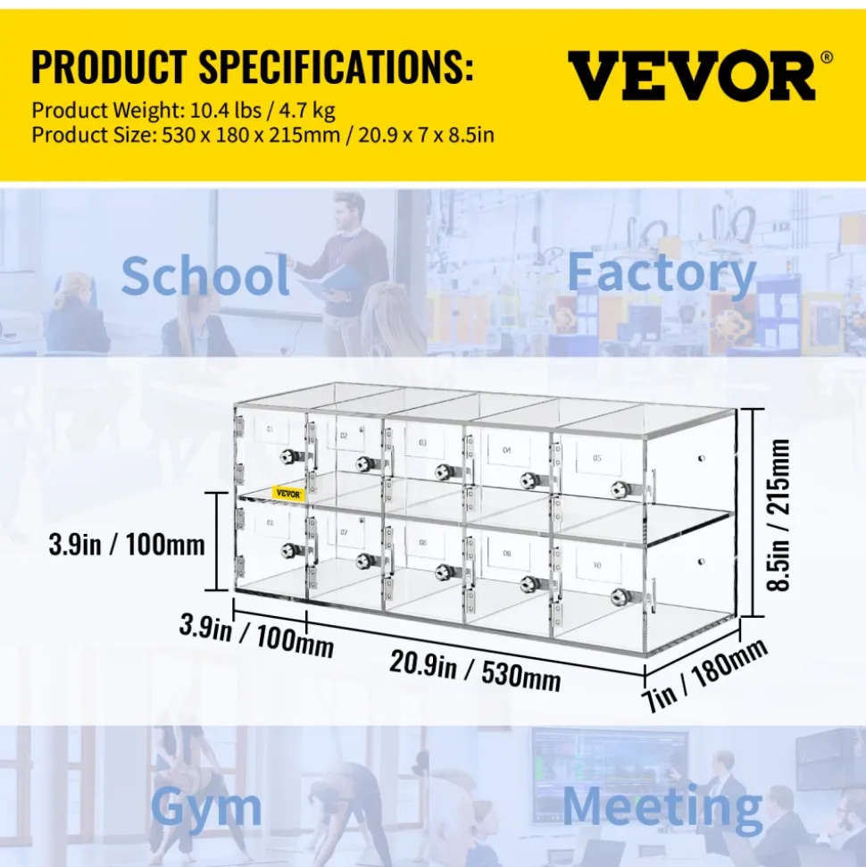 VEVOR Cell Phone Storage Locker, 10 Slots Acrylic Material with Door Locks and Keys, Wall-Mounted Cabinet Pocket Office Classroom Gym Box, Clear