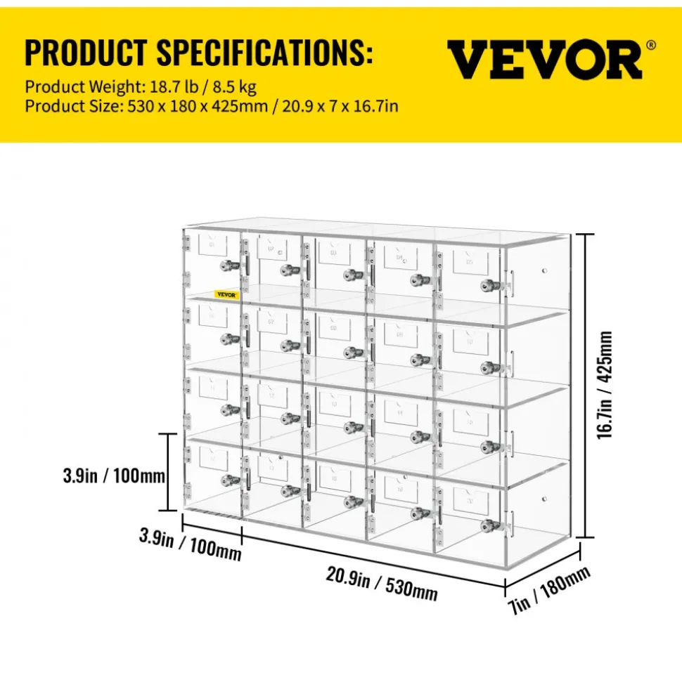 VEVOR Cell Phone Storage Locker, 20 Slots Acrylic Material with Door Locks and Keys, Wall-Mounted Cabinet Pocket Office Classroom Gym Box, Clear