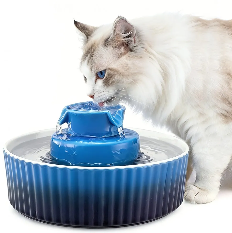 VEVOR Ceramic Cat Water Fountain, 2.1L/71oz Cupcake Pet Fountain, Porcelain Cat Water Dispenser with Ultra-Quiet Pump, 360° Drinking Area and Multi-Layer Filtration System, for Cats and Dogs (Blue)