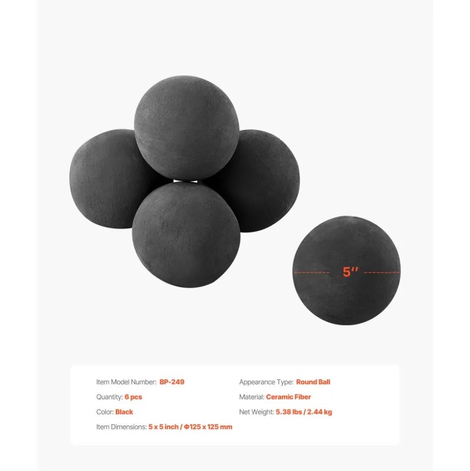 VEVOR Ceramic Fire Balls, 5 Inch 6 Pcs Round Fire Stones, Reusable Lava Rocks Indoor and Outdoor Use, Decorative Fire Pit Rocks for Propane/Gas Fireplace, Stove, Courtyard, Camping, Black