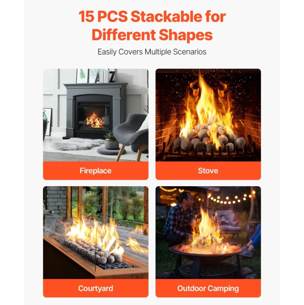 VEVOR Ceramic Fire Pebble Stones, 1-2 inch 48 Pcs Lava Rocks, Reusable Fire Pit Stones Indoor and Outdoor Use, Decorative Firepit Rocks for Propane/Gas Fireplace, Stove, Courtyard, Camping