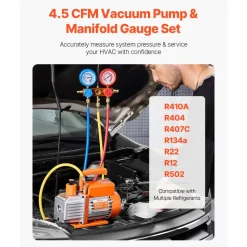 VEVOR 4.5 CFM AC Vacuum Pump and Gauge Set, Single Stage Rotary Vane HVAC Air Vacuum Pump, A/C Refrigerant Manifold Gauge Kit, with Leak Detector Hoses, for R134a, R12, R22, R502a, R410A, R404, R407C