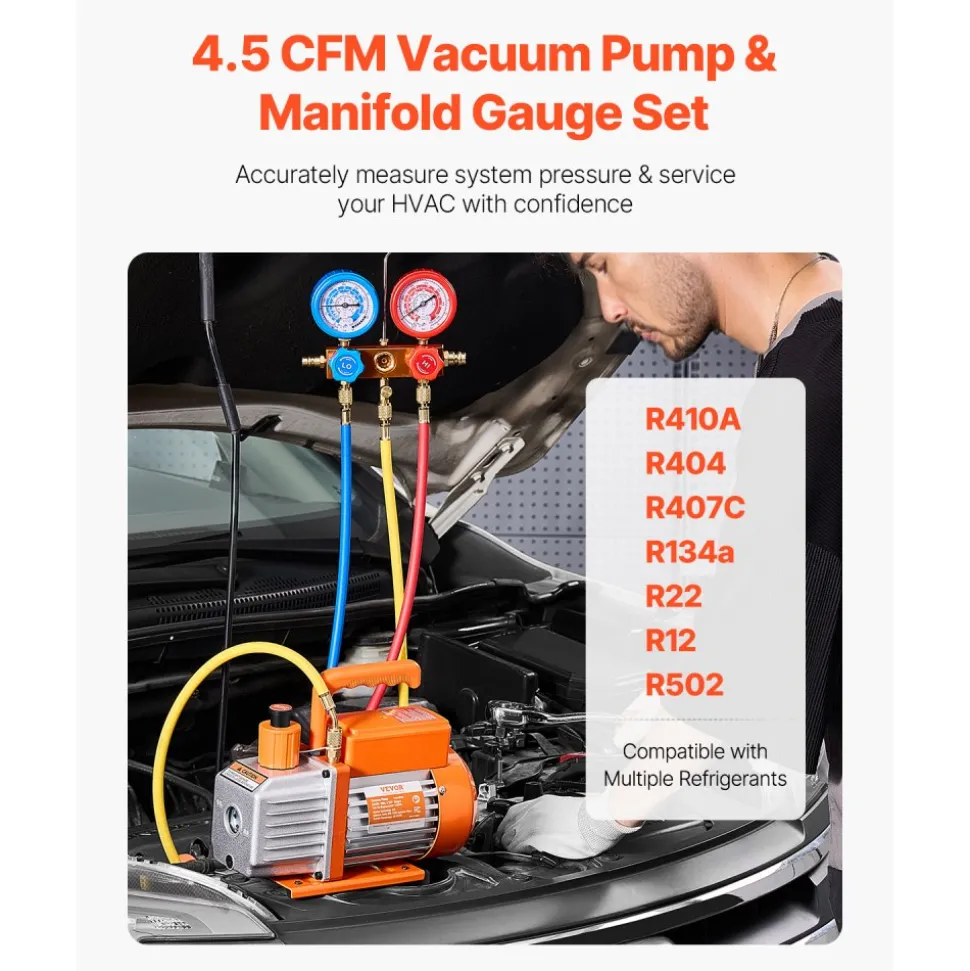 VEVOR 4.5 CFM AC Vacuum Pump and Gauge Set, Single Stage Rotary Vane HVAC Air Vacuum Pump, A/C Refrigerant Manifold Gauge Kit, with Leak Detector Hoses, for R134a, R12, R22, R502a, R410A, R404, R407C