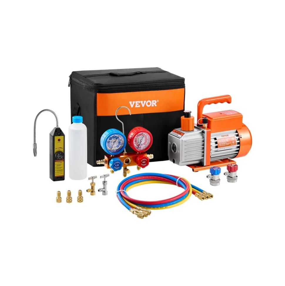 VEVOR 4.5 CFM AC Vacuum Pump and Gauge Set, Single Stage Rotary Vane HVAC Air Vacuum Pump, A/C Refrigerant Manifold Gauge Kit, with Leak Detector Hoses, for R134a, R12, R22, R502a, R410A, R404, R407C