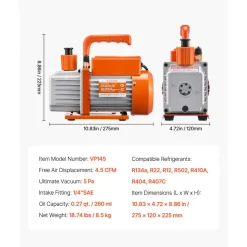 VEVOR 4.5 CFM AC Vacuum Pump and Gauge Set, Single Stage Rotary Vane HVAC Air Vacuum Pump, A/C Refrigerant Manifold Gauge Kit, with Leak Detector Hoses, for R134a, R12, R22, R502a, R410A, R404, R407C