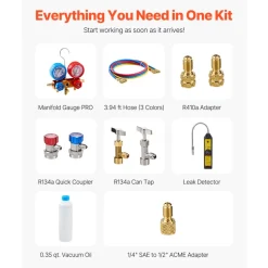 VEVOR 4.5 CFM AC Vacuum Pump and Gauge Set, Single Stage Rotary Vane HVAC Air Vacuum Pump, A/C Refrigerant Manifold Gauge Kit, with Leak Detector Hoses, for R134a, R12, R22, R502a, R410A, R404, R407C