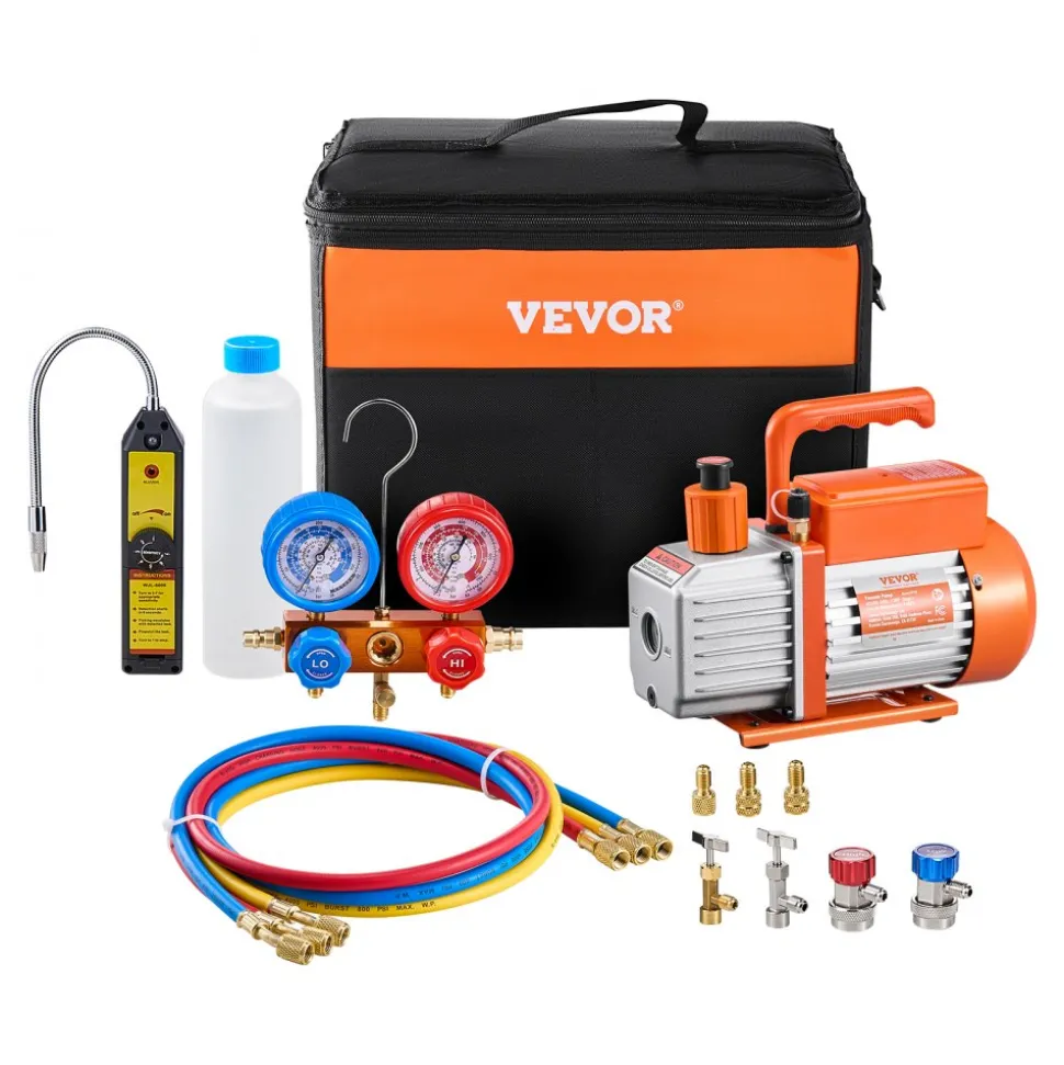 VEVOR 4.5 CFM AC Vacuum Pump and Gauge Set, Single Stage Rotary Vane HVAC Air Vacuum Pump, A/C Refrigerant Manifold Gauge Kit, with Leak Detector Hoses, for R134a, R12, R22, R502a, R410A, R404, R407C