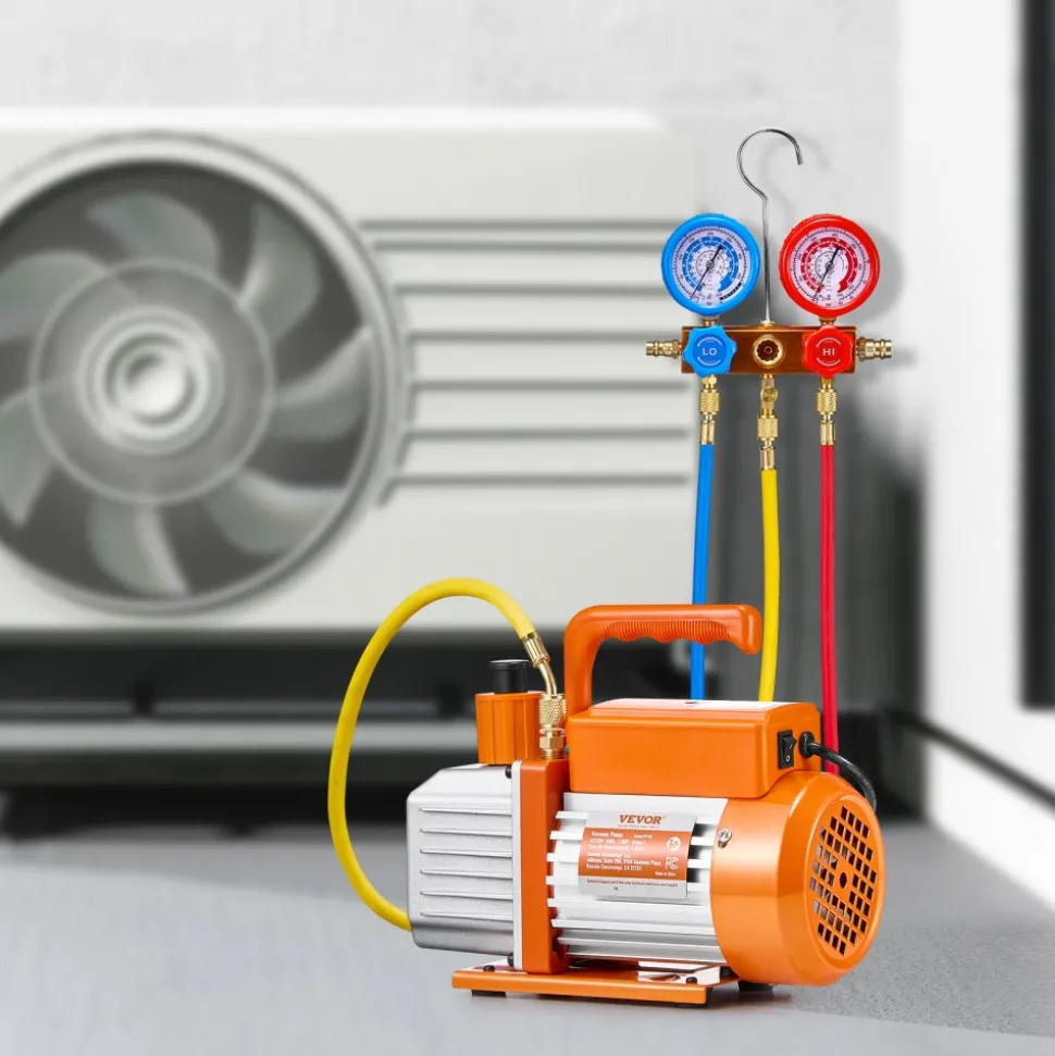 VEVOR 4.5 CFM AC Vacuum Pump and Gauge Set, Single Stage Rotary Vane HVAC Air Vacuum Pump, A/C Refrigerant Manifold Gauge Kit, with Leak Detector Hoses, for R134a, R12, R22, R502a, R410A, R404, R407C