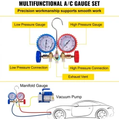 VEVOR 3CFM 1/4HP Single Stage Air Vacuum Pump HVAC R134a R12 R22 R410a A/C Refrigeration Kit AC Manifold Gauge R134 Can Tap Included Carrying Tote