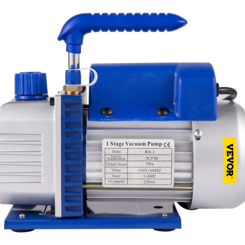 VEVOR 3CFM 1/4HP Single Stage Air Vacuum Pump HVAC R134a R12 R22 R410a A/C Refrigeration Kit AC Manifold Gauge R134 Can Tap Included Carrying Tote