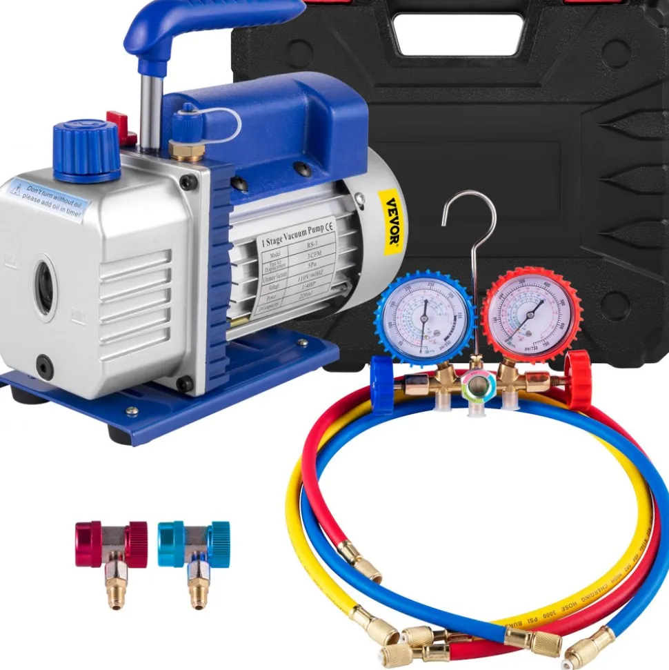 VEVOR 3CFM 1/4HP Single Stage Air Vacuum Pump HVAC R134a R12 R22 R410a A/C Refrigeration Kit AC Manifold Gauge R134 Can Tap Included Carrying Tote
