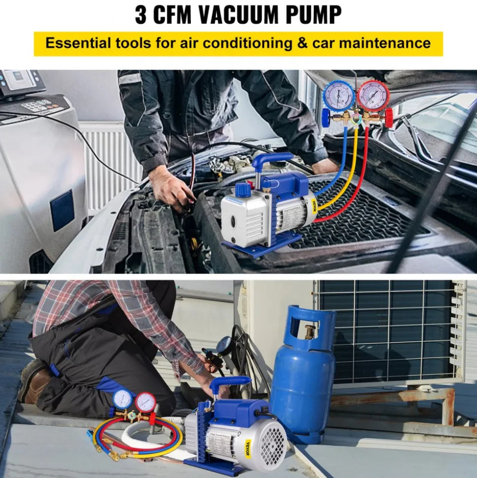 VEVOR 3CFM 1/4HP Single Stage Air Vacuum Pump HVAC R134a R12 R22 R410a A/C Refrigeration Kit AC Manifold Gauge R134 Can Tap Included Carrying Tote