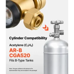 VEVOR CGA520 Acetylene Regulator for B-Type Tanks, AR-B Air Acetylene Regulator Gauge with 3/8"-24 LH Outlet Connection, Heavy-Duty Brass Body for Welding Brazing Applications