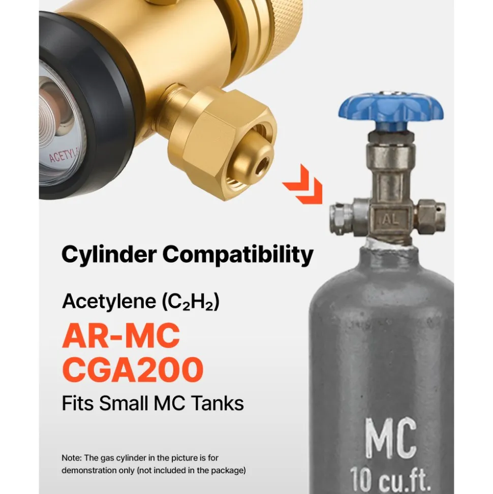 VEVOR CGA200 Acetylene Regulator for Small MC Tanks, AR-MC Air Acetylene Regulator Gauge with 3/8"-24 LH Outlet Connection, Heavy-Duty Brass Body for Welding Brazing Applications