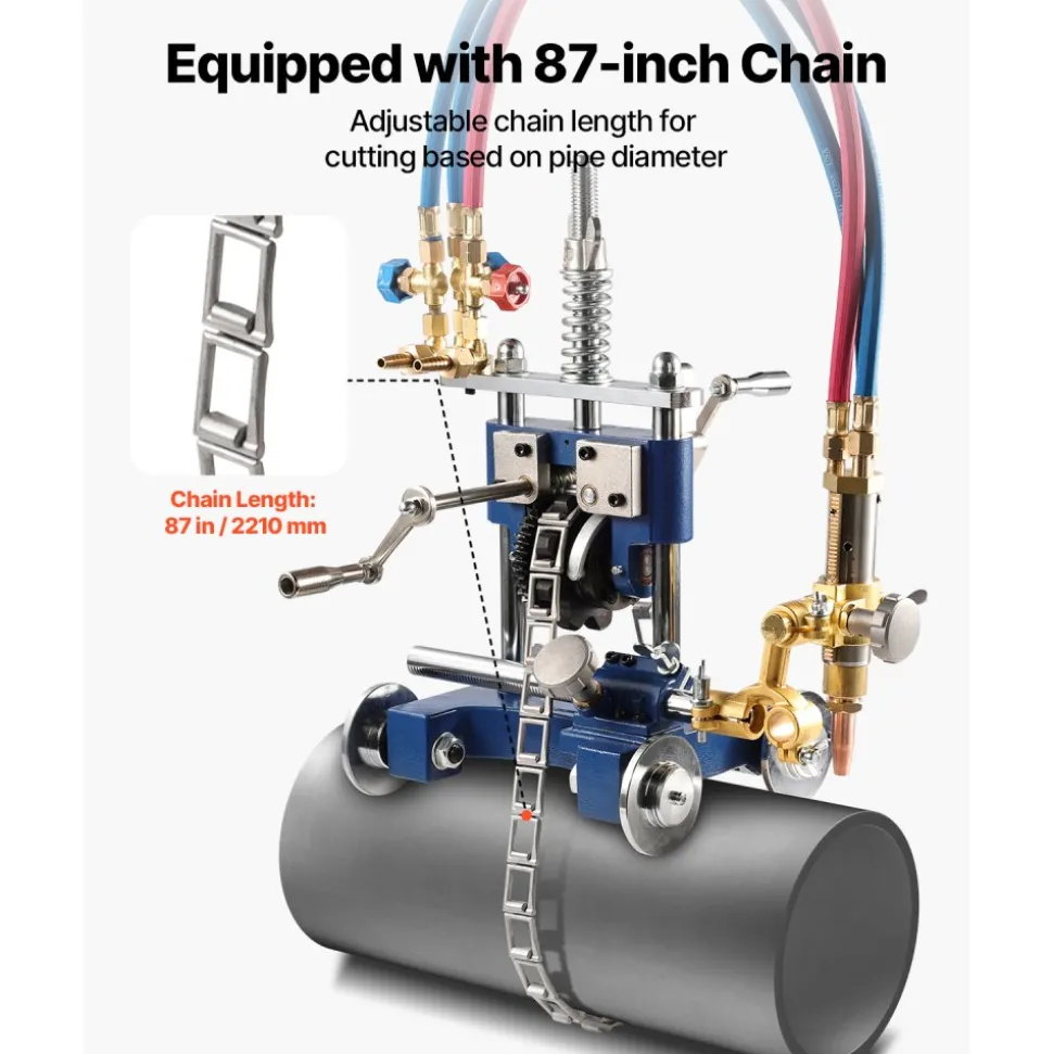 VEVOR CG2-11Y Manual Pipe Cutting Machine, 0.2"-2" Thick Pipe Beveling Machine with 82-in Chain, 0°-45° Adjusted Angle Gas Cutting Machine with 3 Tips, Portable Torch Beveling Gas Cutter