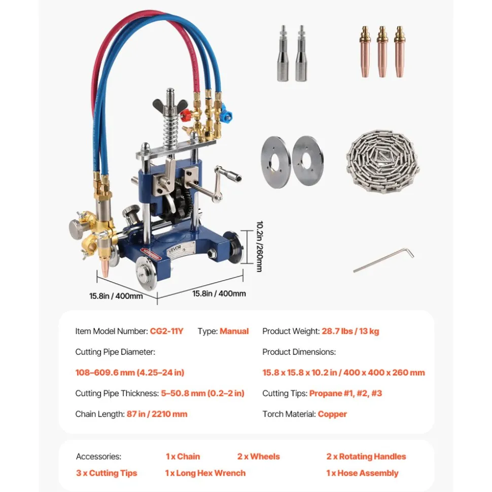 VEVOR CG2-11Y Manual Pipe Cutting Machine, 0.2"-2" Thick Pipe Beveling Machine with 82-in Chain, 0°-45° Adjusted Angle Gas Cutting Machine with 3 Tips, Portable Torch Beveling Gas Cutter