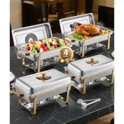 VEVOR Chafing Dish Buffet Set, 8 Qt 4 Pack, Stainless Steel Chafer with 4 Full Size Pans, Rectangle Catering Warmer Server with Glass Lid Water Pan Folding Stand Fuel Holder, for Wedding Party Banquet