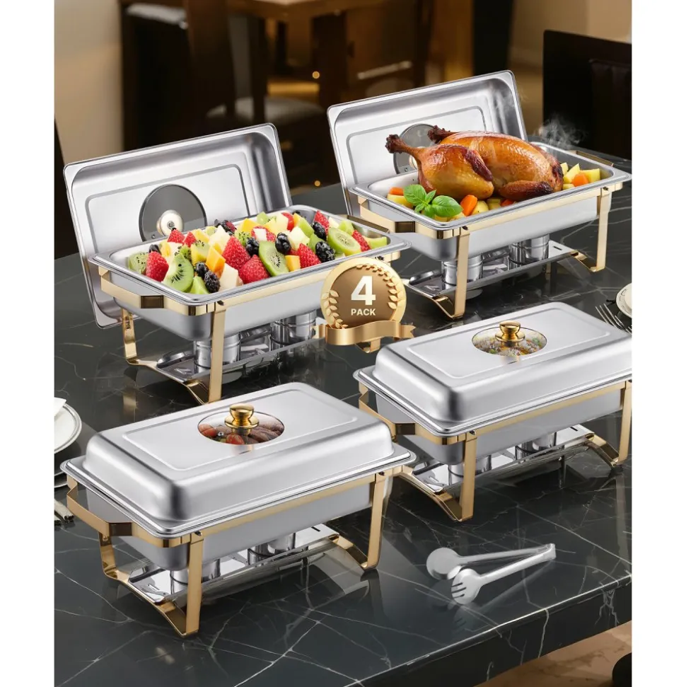 VEVOR Chafing Dish Buffet Set, 5 Qt 4 Pack, Stainless Steel Chafer with 4 Full Size Pan, Round Catering Warmer Server with Glass Lid Water Pan Folding Stand Fuel Holder, for Wedding Party Banquet