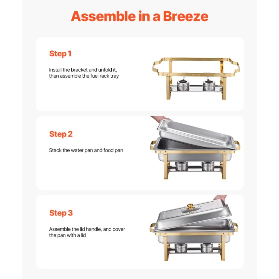 VEVOR Chafing Dish Buffet Set, 5 Qt 4 Pack, Stainless Steel Chafer with 4 Full Size Pan, Round Catering Warmer Server with Glass Lid Water Pan Folding Stand Fuel Holder, for Wedding Party Banquet