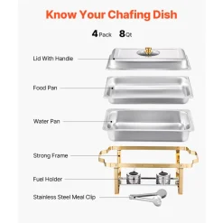 VEVOR Chafing Dish Buffet Set, 5 Qt 4 Pack, Stainless Steel Chafer with 4 Full Size Pan, Round Catering Warmer Server with Glass Lid Water Pan Folding Stand Fuel Holder, for Wedding Party Banquet