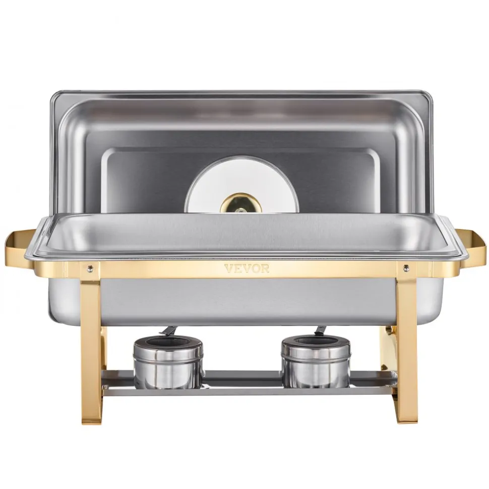 VEVOR Chafing Dish Buffet Set, 5 Qt 4 Pack, Stainless Steel Chafer with 4 Full Size Pan, Round Catering Warmer Server with Glass Lid Water Pan Folding Stand Fuel Holder, for Wedding Party Banquet