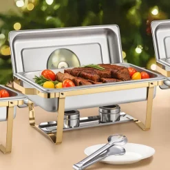 VEVOR Chafing Dish Buffet Set, 5 Qt 4 Pack, Stainless Steel Chafer with 4 Full Size Pan, Round Catering Warmer Server with Glass Lid Water Pan Folding Stand Fuel Holder, for Wedding Party Banquet