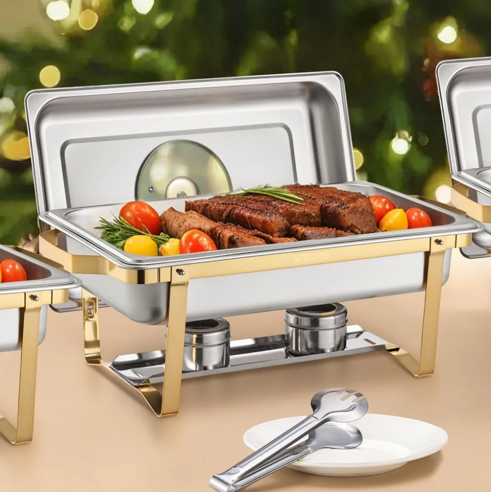 VEVOR Chafing Dish Buffet Set, 5 Qt 4 Pack, Stainless Steel Chafer with 4 Full Size Pan, Round Catering Warmer Server with Glass Lid Water Pan Folding Stand Fuel Holder, for Wedding Party Banquet