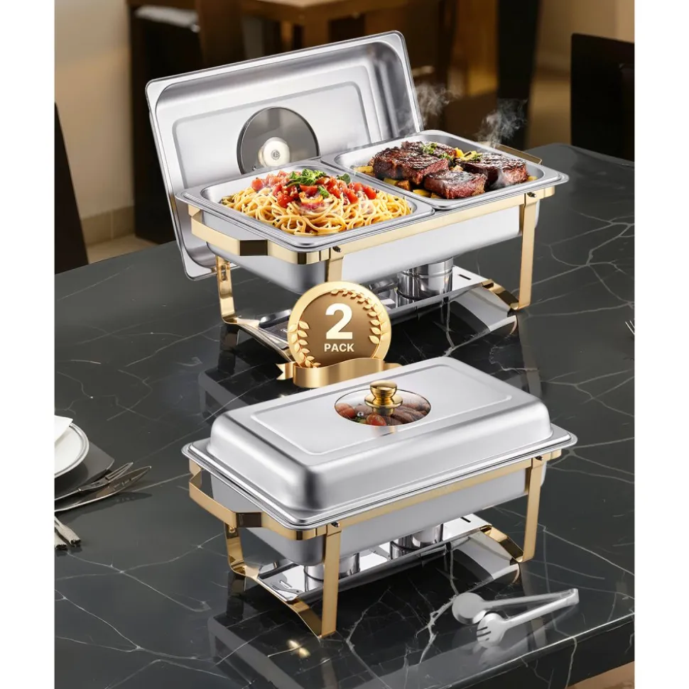 VEVOR Chafing Dish Buffet Set, 4 Qt 2 Pack, Stainless Steel Chafer with 4 Half Size Pans, Rectangle Catering Warmer Server with Glass Lid Water Pan Folding Stand Fuel Holder, for Wedding Party Banquet